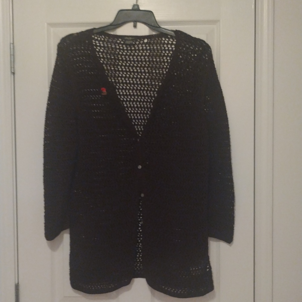 --Eddie Bauer dark brown open knit crochet mid thigh length button cardigan